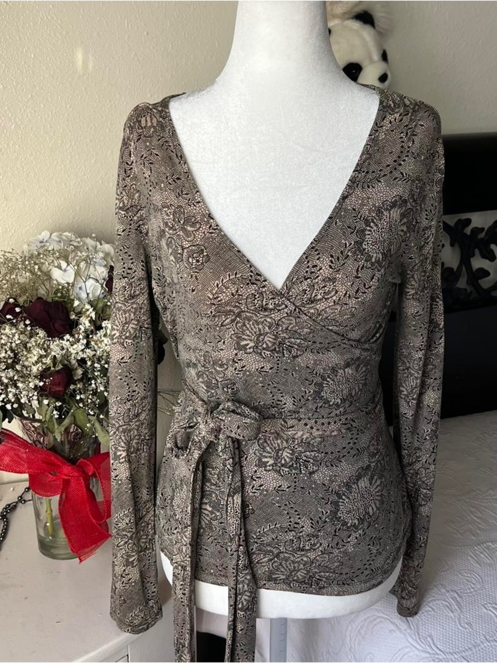 Ann Taylor Petites Tan Black Floral Lace Print Faux Wrap Tie Waist Top SP